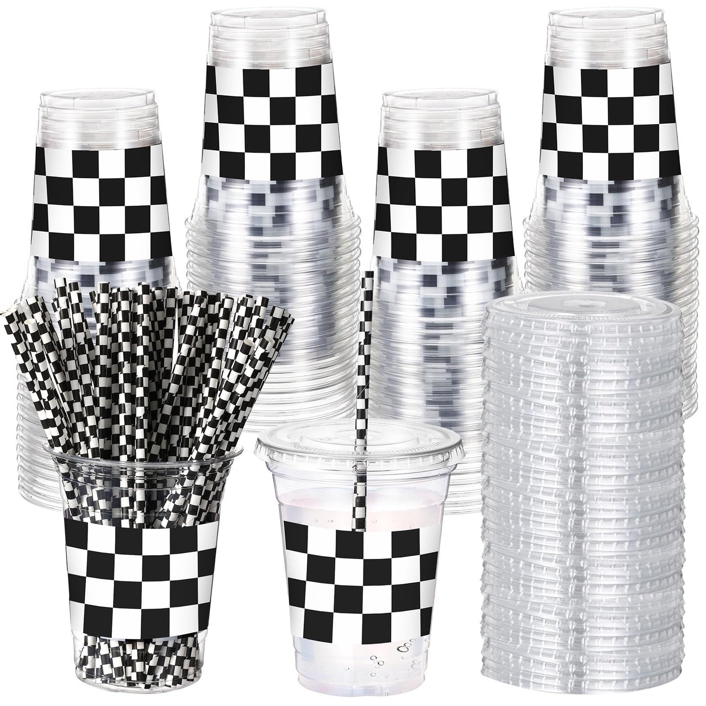 Checkered Flag Racing 16oz Plastic Cups with Lids & Straws – 50 Pack