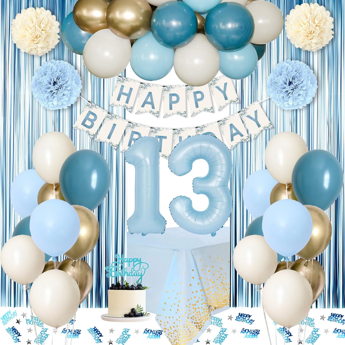 13th Birthday Decorations for Girls Blue Official Teenager Decorations Light Blue White Gold Balloons Happy Birthday Banner Tablecloth Fringe Curtain Cake Topper Paper Pom Poms 13 Bday Boys Girls