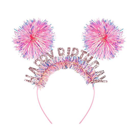 Pink Pom Pom Happy Birthday Headband for Women & Girls
