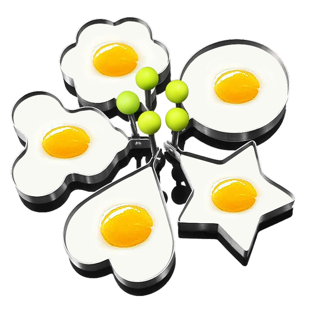 GZMAISULEE Egg Ring Molds for Cooking 5 Pack Griddle Egg Rings Stainless Steel Egg Cooking Rings Heart Flower Star Micha Round Pancake Mold Set Yellow