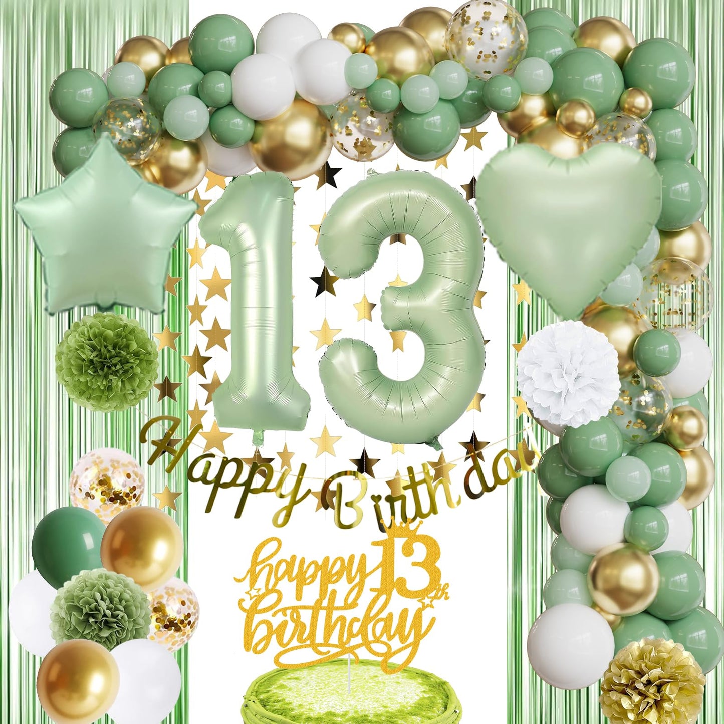 Sage Green 13th Birthday DecorationsOlive Green Gold Balloon GarlandHappy Birthday BannerTissue Pom PomFoil BackdropCake Topper for Girl Thirteen 13 Official Teenager 13th Birthday Party Supplies