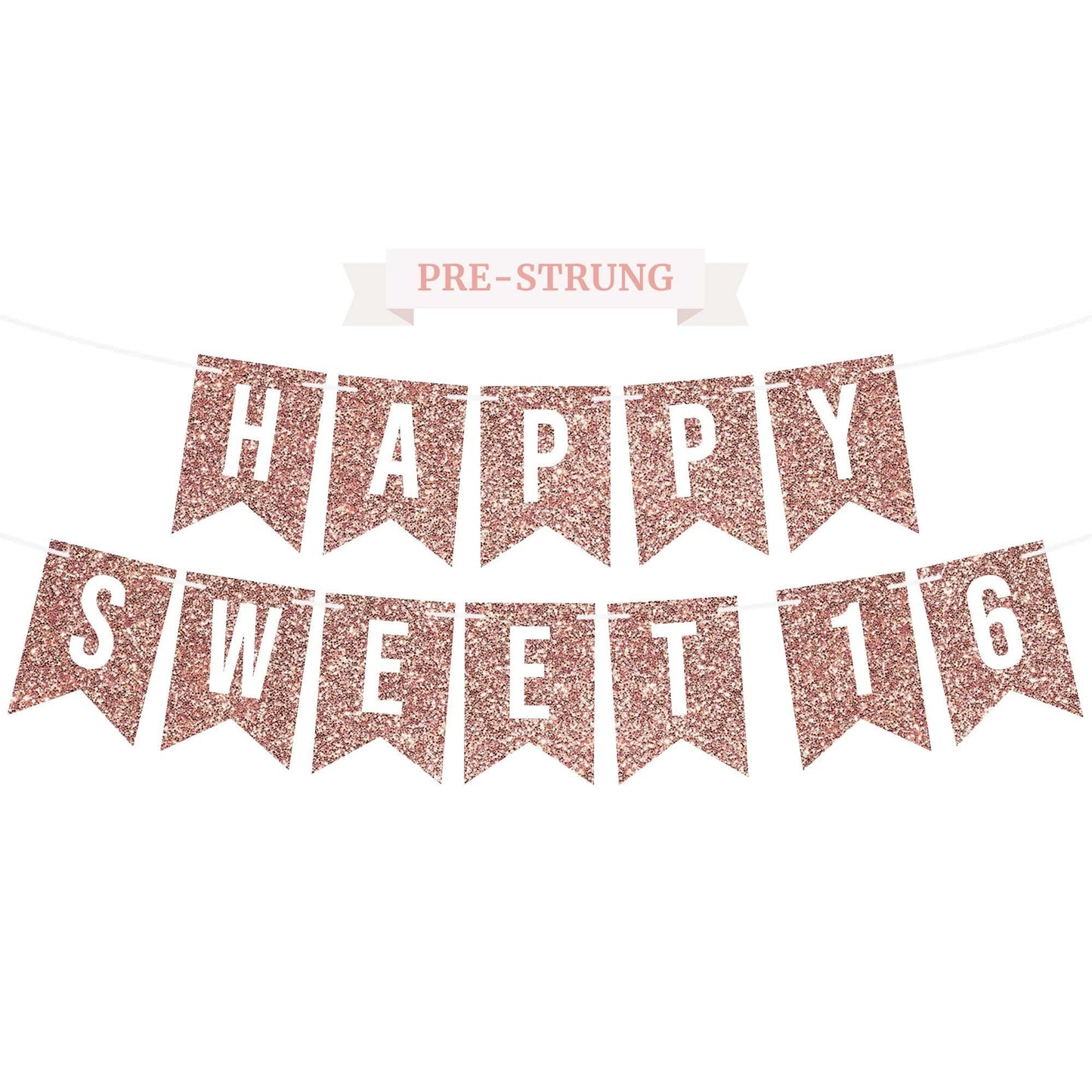Pre-Strung Sweet 16 Birthday Banner – Rose Gold Glitter, 6 Ft