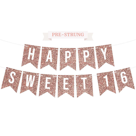 Pre-Strung Sweet 16 Birthday Banner – Rose Gold Glitter, 6 Ft