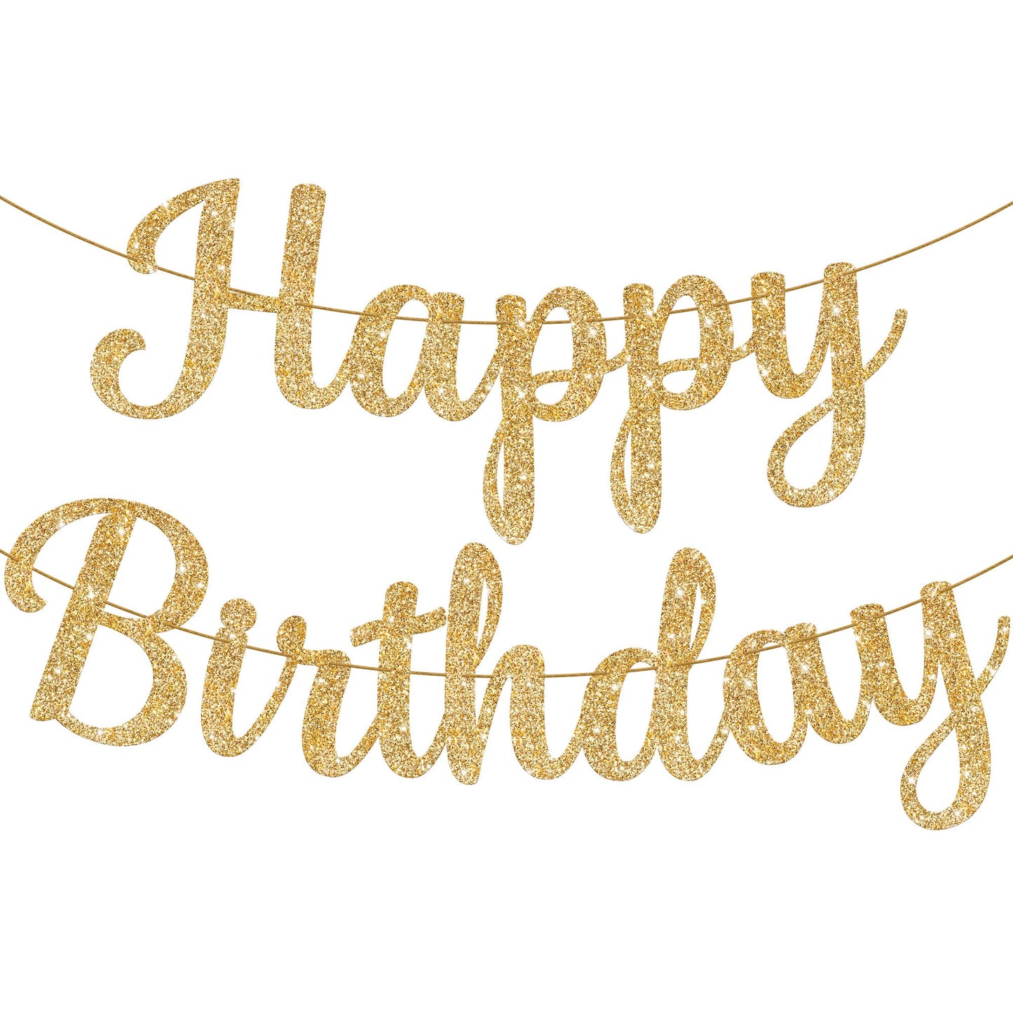 Cursive Glitter Gold Happy Birthday Banner – Pre-Strung, 10 Feet