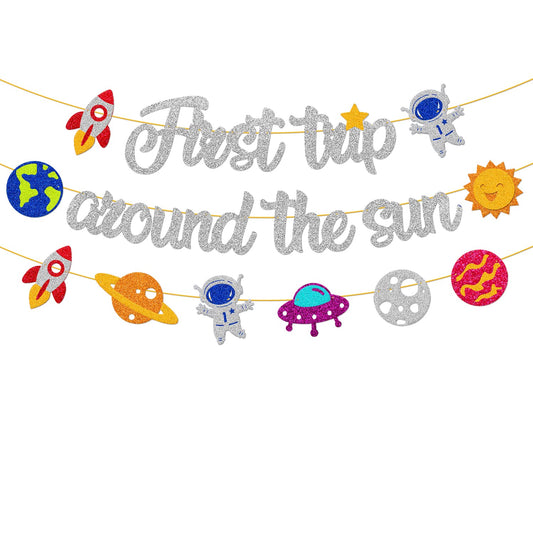 First Trip Around the Sun Birthday Banner - Outer Space Theme