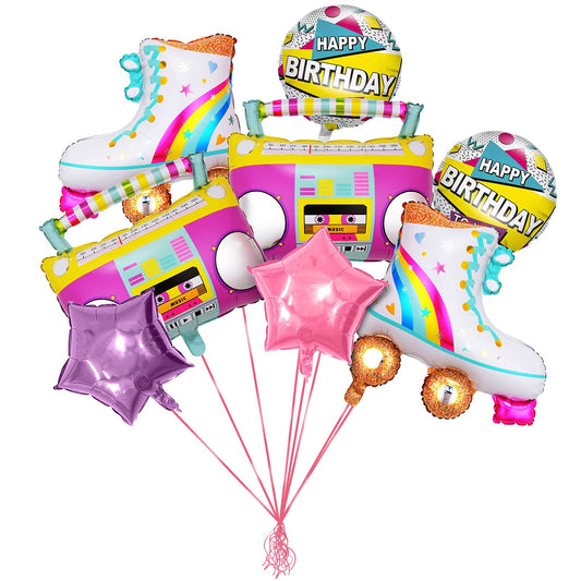 Retro Roller Skate & Rainbow Boombox Inflatable Party Props – 8 Pack