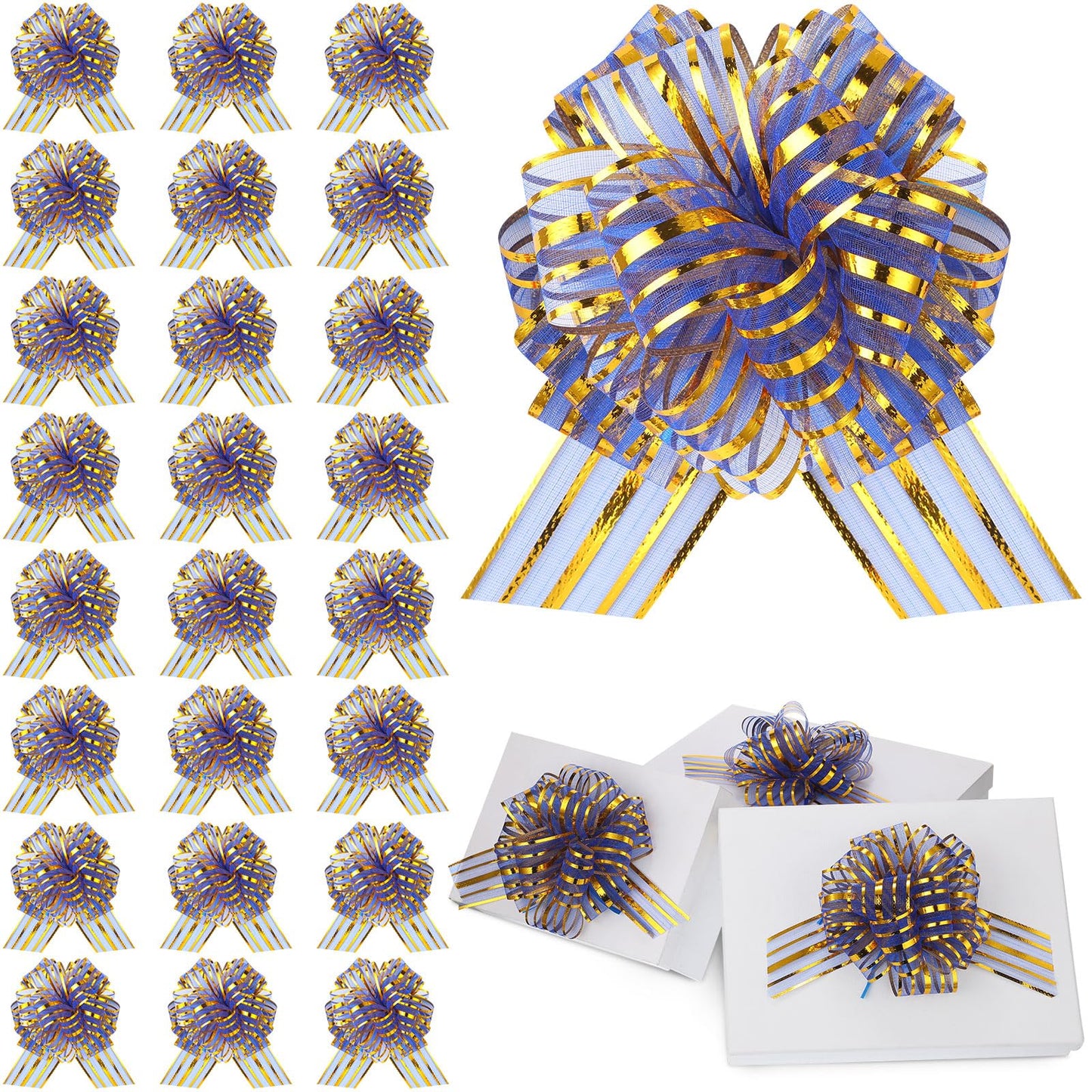 Poen 24 Pcs Christmas Pull Bows for Gift Wrapping Gift Bows for Crafts Large 6 Inch Organza Xmas Pull Bows Present Wrapping Pull Bows with Ribbon for Gift Baskets Wedding Valentines Day(Blue Gold)