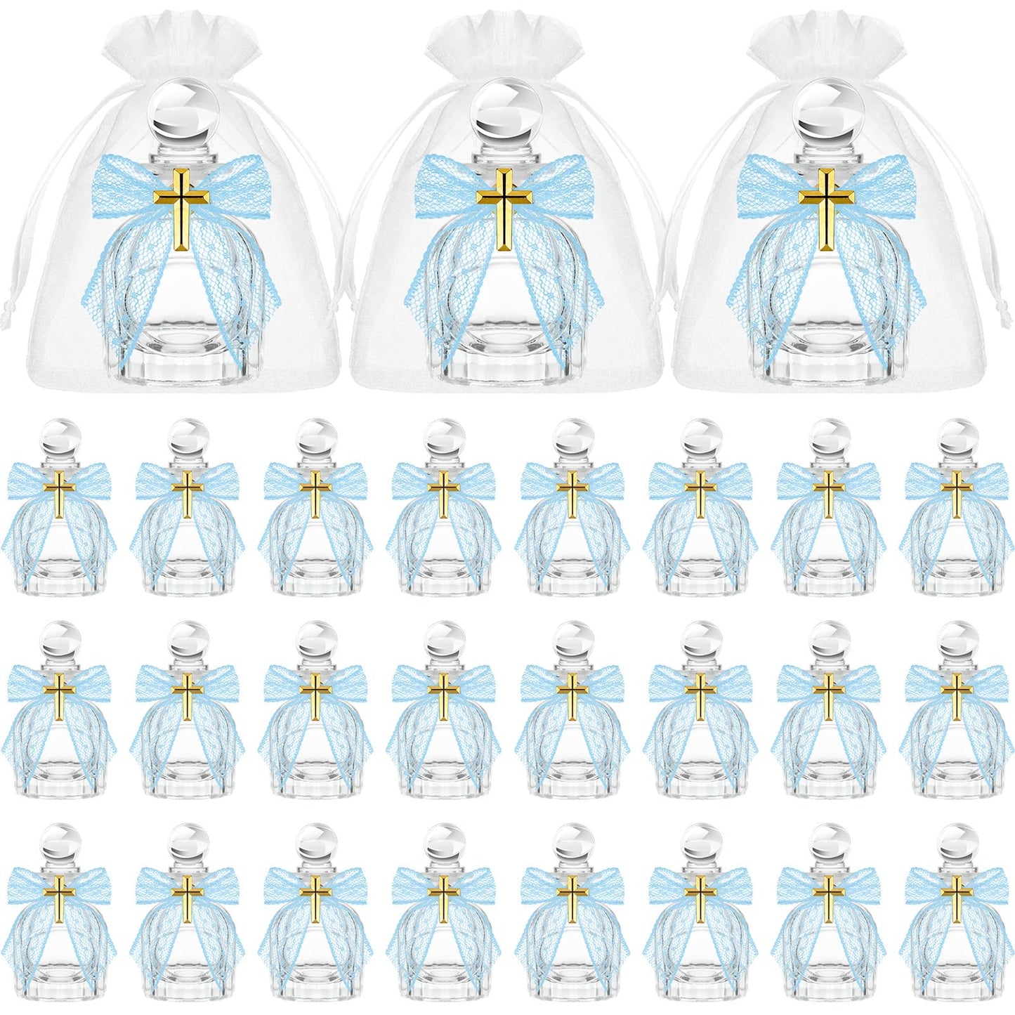 Holy Water Bottles Catholic Bulk Baptism Favors for Guests Christian Water Container with Cross Organza Bags Lace Bow Rope for Holy Communion Gifts Church Wedding Baptism Favors(Blue24 Set)
