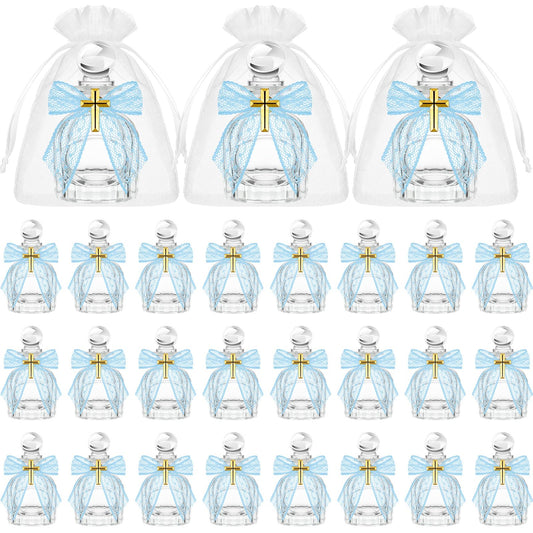 Holy Water Bottles Catholic Bulk Baptism Favors for Guests Christian Water Container with Cross Organza Bags Lace Bow Rope for Holy Communion Gifts Church Wedding Baptism Favors(Blue24 Set)