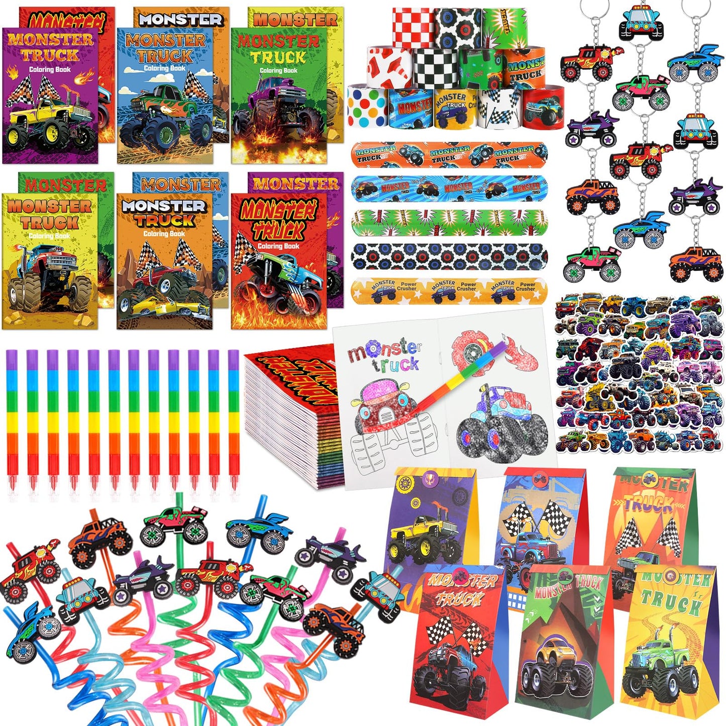 Miucat Monster Truck Party Favors Serve 12 Machine Jam Birthday Supplies include Slap Bracelet Coloring Books with Stacking Crayons Drinking Straws Keychain Stickers Gift Bags for Kids 122Pcs