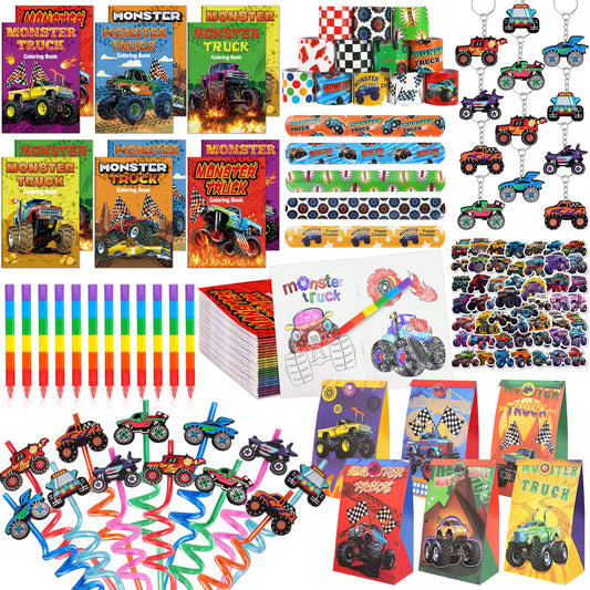 Miucat Monster Truck Party Favors Serve 12 Machine Jam Birthday Supplies include Slap Bracelet Coloring Books with Stacking Crayons Drinking Straws Keychain Stickers Gift Bags for Kids 122Pcs