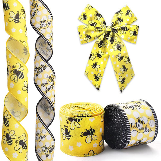 Hying 2 Rolls Spring Bee Ribbons Wired for Wreath Bows Wrapping Gifts Bumblebees Ribbon for Gift Wrapping Birthday Party Decoration DIY Crafts 2.5" X 10 Yards Yellow Black Stripe Wired Edge Ribbon