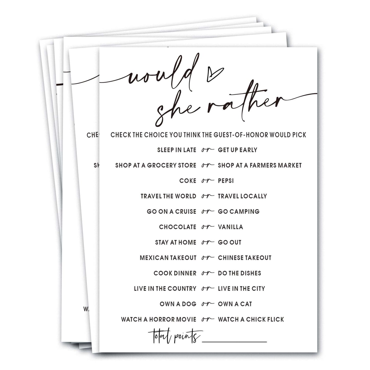 Would She Rather Bridal Shower Game Cards – 25 Guests