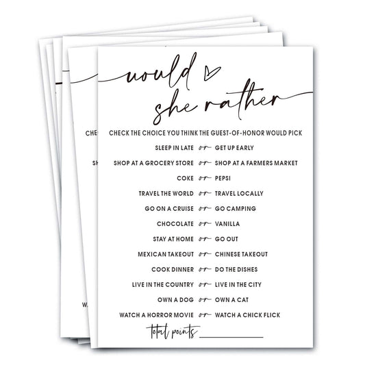 Would She Rather Bridal Shower Game Cards – 25 Guests