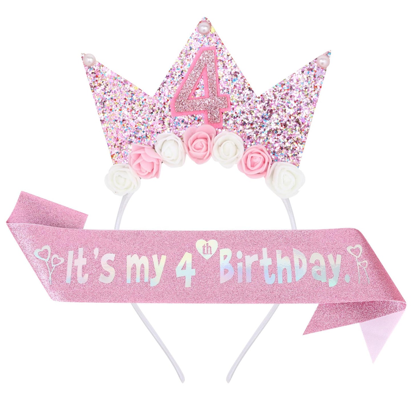YARIEW 2nd Birthday Decorations for Girls 2nd Birthday Headband and Glitter Birthday Sash Kit Birthday Tiara Flower Princess Crown Headband Its My Birthday Sash Birthday Girl Outfit