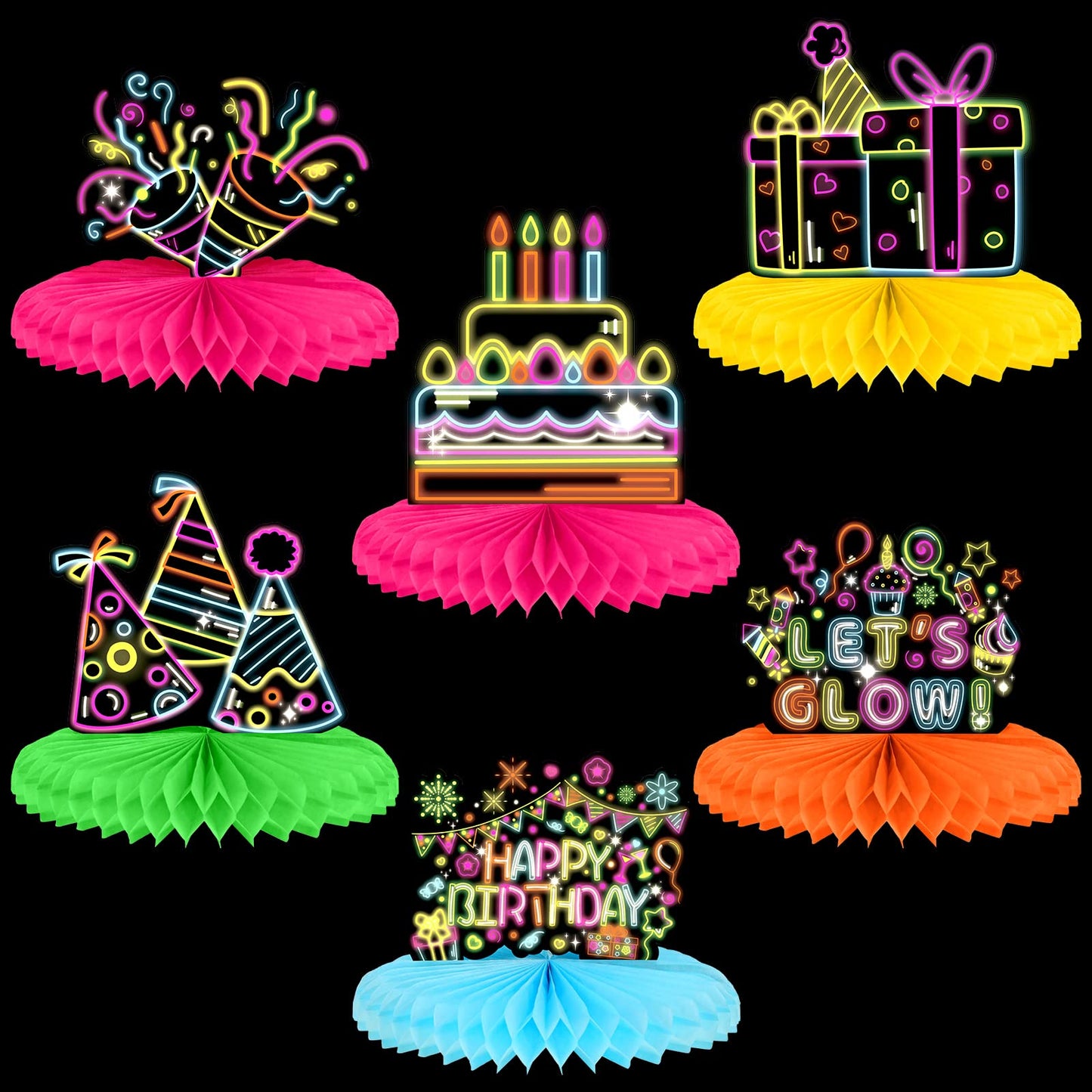 Neon Glow Party Birthday Honeycomb Table Centrepieces – 6 Piece