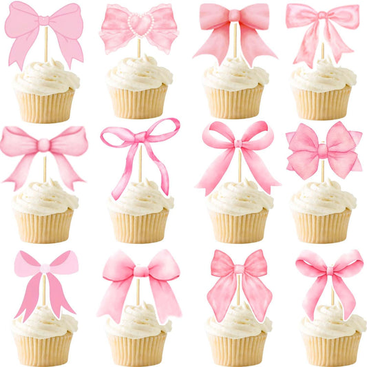 Pink Bow Coquette Cupcake Toppers – 24 ct