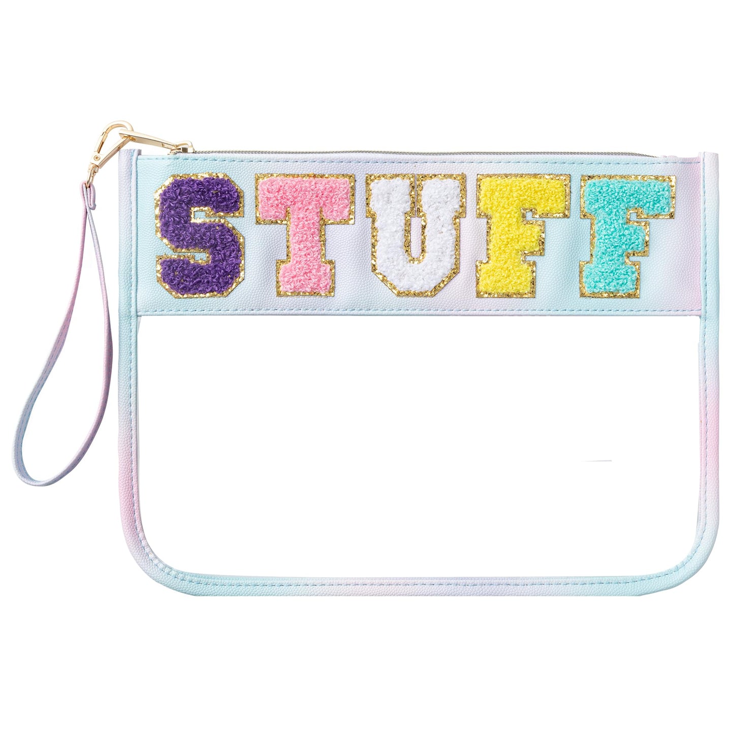 HBselect Chenille Letter Clear Travel Zipper Pouch PU Makeup Bag Preppy Makeup Bag Clear Cosmetic Toiletry Bag Water-proof Makeup Travel Pouch Stuff Bags for Women Girls