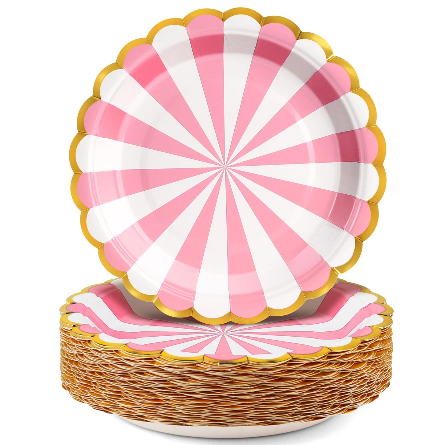 CENLBJ Party Paper PlatesPink Disopsable Dessert Plates 50pcs7 Inch Striped Paper PlatesSparkly Scalloped Gold Foil Borderfor BirthdayBaby ShowersGirls Parties