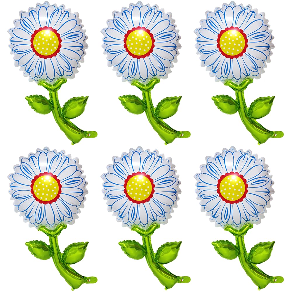 Cute 3D Daisy Flower Balloon Wedding Garland Groovy Boho Daisy Party Decorations 6 Pack White Balloons Daisy Balloons With Green Leaves For Retro Hippie Boho Girl Party Decor Fairy Birthday Supplies