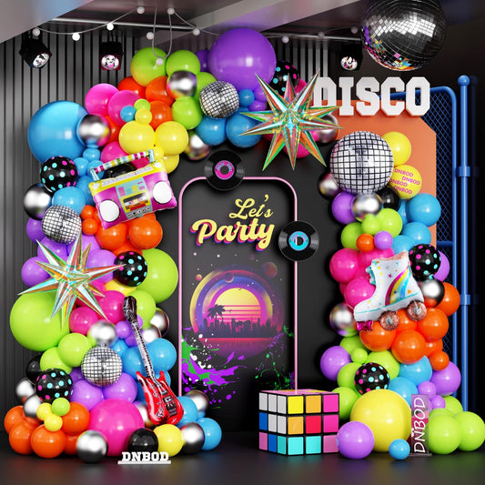 90s Retro Neon Balloon Garland Arch Kit – 135 Piece with Disco Ball & Guitar