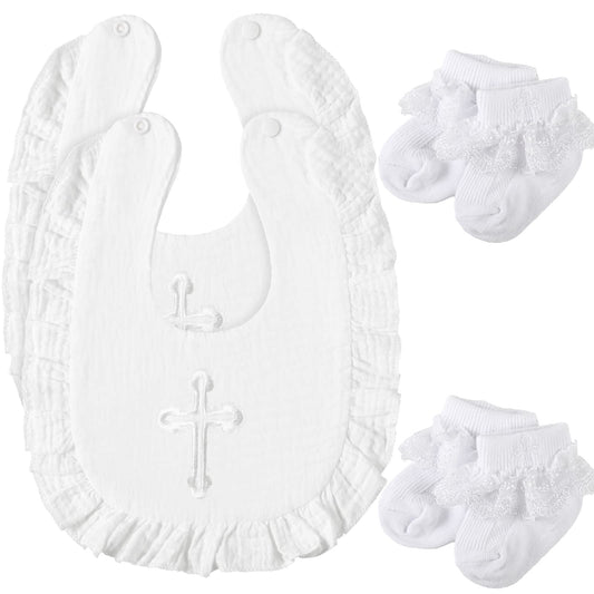 Lasnten 4 Pcs Baptism Outfit Baptism Gifts for Boys Girls Infant Baby Baptism Bib and Socks White Embroidered Cross Bib with Ruffles and Lace Socks Christening Gifts for Baby Infant Newborn