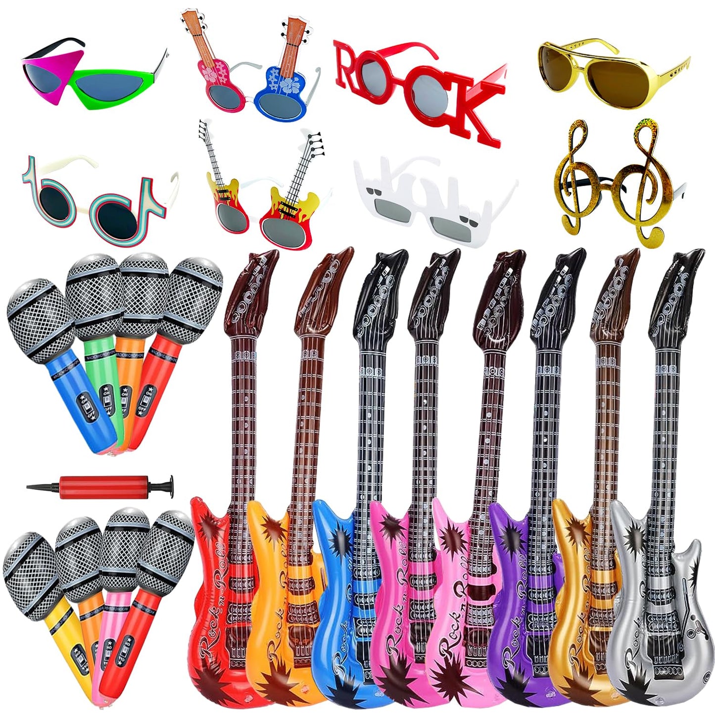 Large Rock Star Funny Sunglasses Set Rock and Roll Party Funny Music Sunglasses Inflatable Guitar Microphone for 70s 80s 90s Music Party Photo Booth Props for Carnival Rock and Roll Party