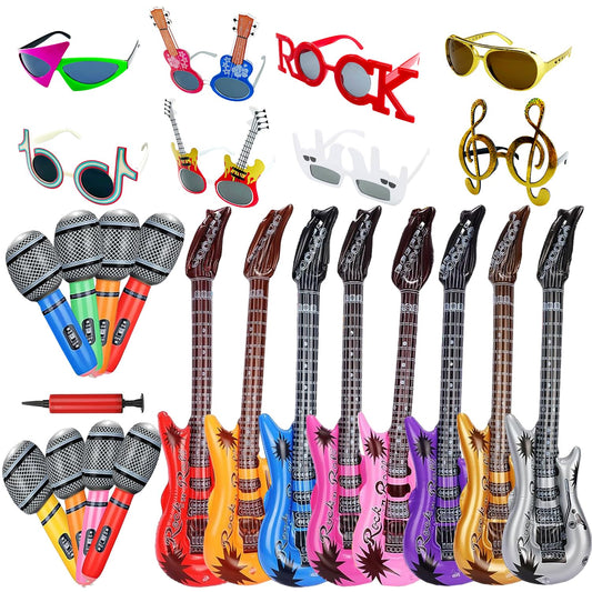 Large Rock Star Funny Sunglasses Set Rock and Roll Party Funny Music Sunglasses Inflatable Guitar Microphone for 70s 80s 90s Music Party Photo Booth Props for Carnival Rock and Roll Party
