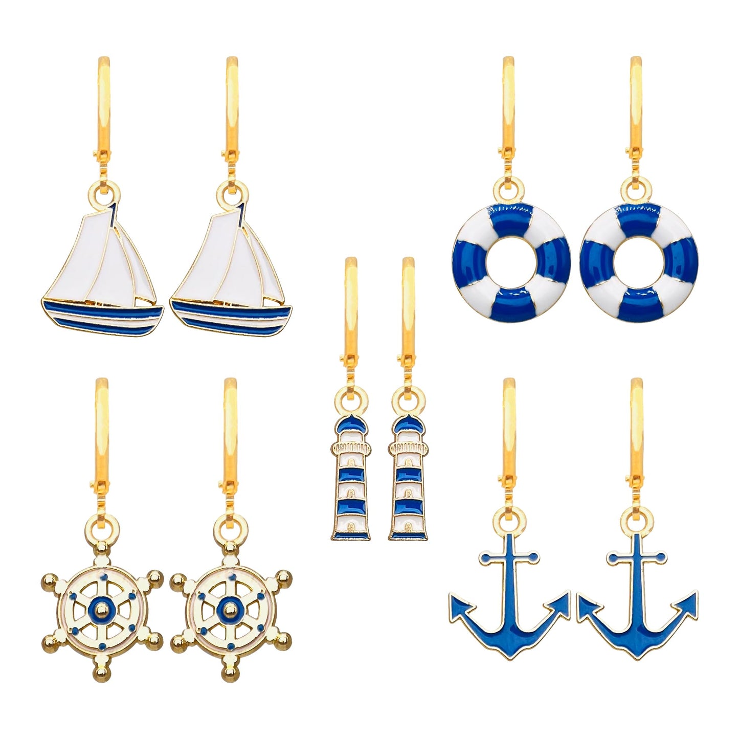 CWVHQ 5 Pairs Nautical Themed Jewelry Sailboat Earrings Sailor Earrings Unique navy Nautical Ship Wheel Anchor Statement Drop Stud Earrings for Women Fashion Jewelry (style-5)