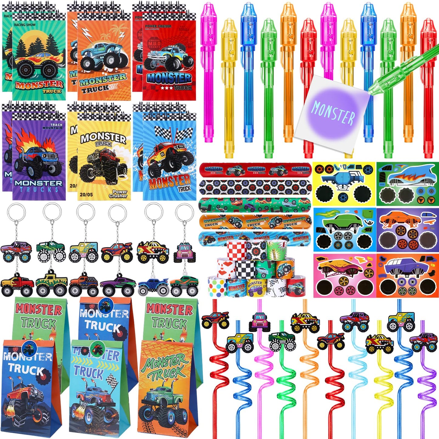 Winrayk Monster Truck Party Favors Kids Birthday Supplies Invisible Ink Pen Notebook Straw Gift Bag DIY Sticker Keychain Slap Bracelet Pinata Filler Goody Stuffer Game Boys Monster Truck Party Decor