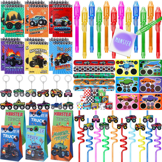 Winrayk Monster Truck Party Favors Kids Birthday Supplies Invisible Ink Pen Notebook Straw Gift Bag DIY Sticker Keychain Slap Bracelet Pinata Filler Goody Stuffer Game Boys Monster Truck Party Decor