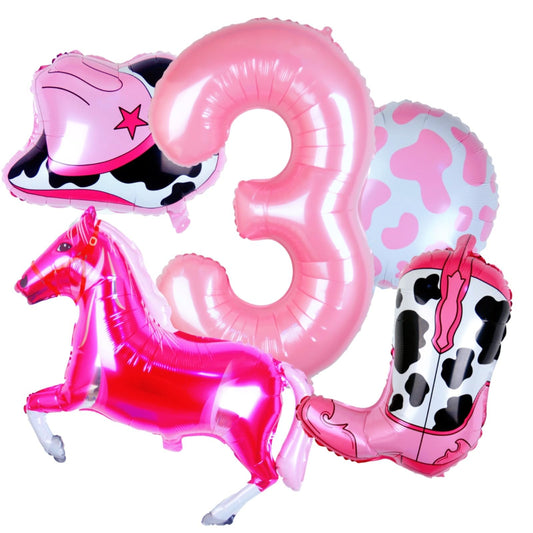 Western Cowgirl Pink Number 3 Birthday Balloon Set