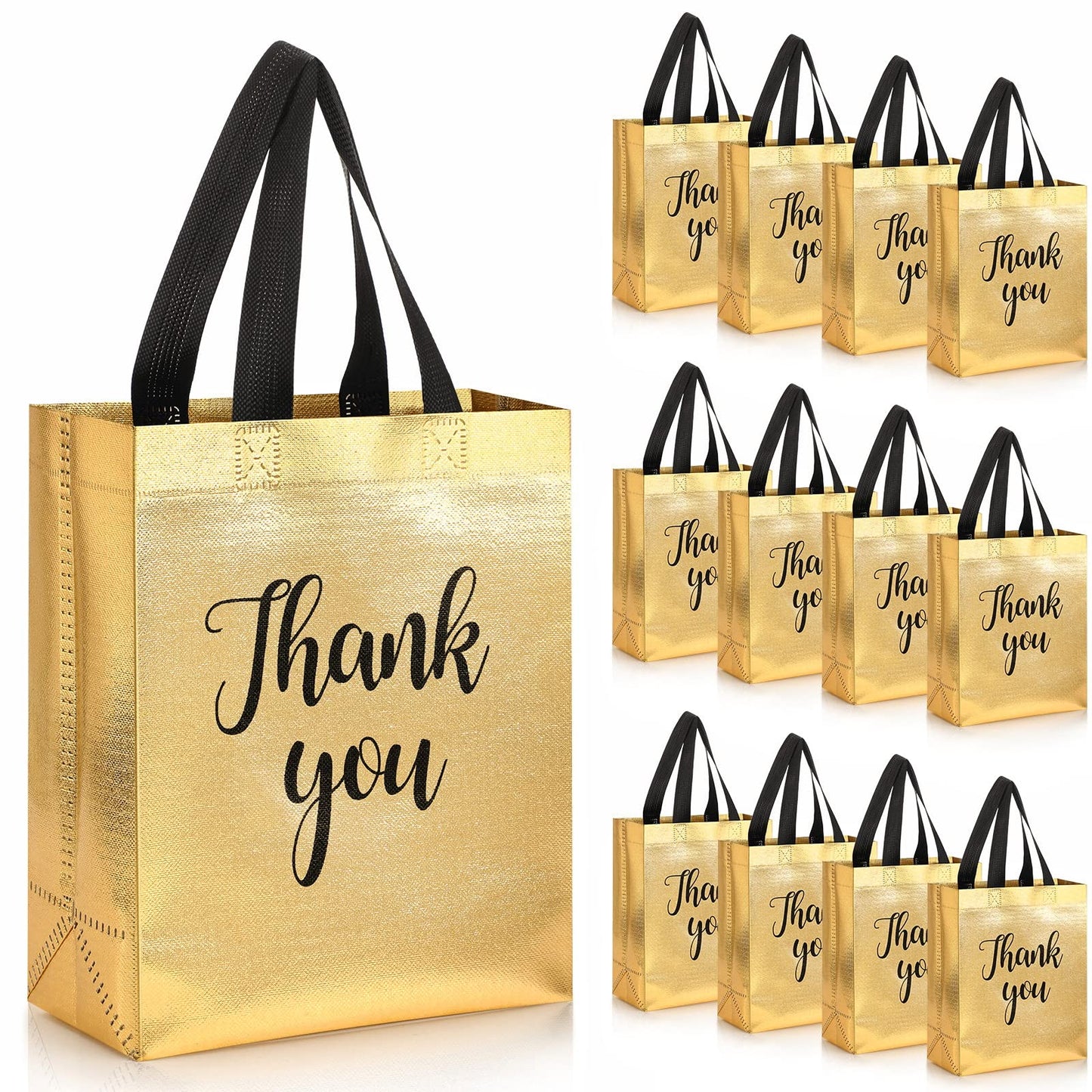 Glossy Gold Thank You Gift Bags with Handles – 12 Pack