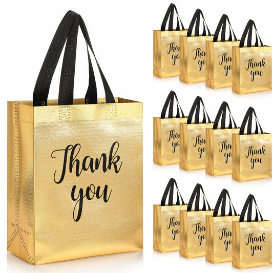 Glossy Gold Thank You Gift Bags with Handles – 12 Pack