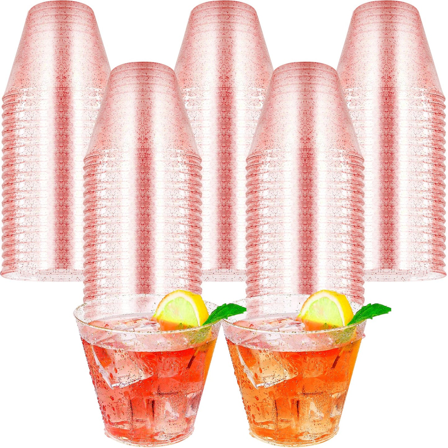 BHUCUTU 9oz Plastic Cups Disposable Glitter Cups Wine Glasses Clear Plastic Tumblers Dessert Cups Drinking Cups Wedding Party Cups Cocktail Cups (100)
