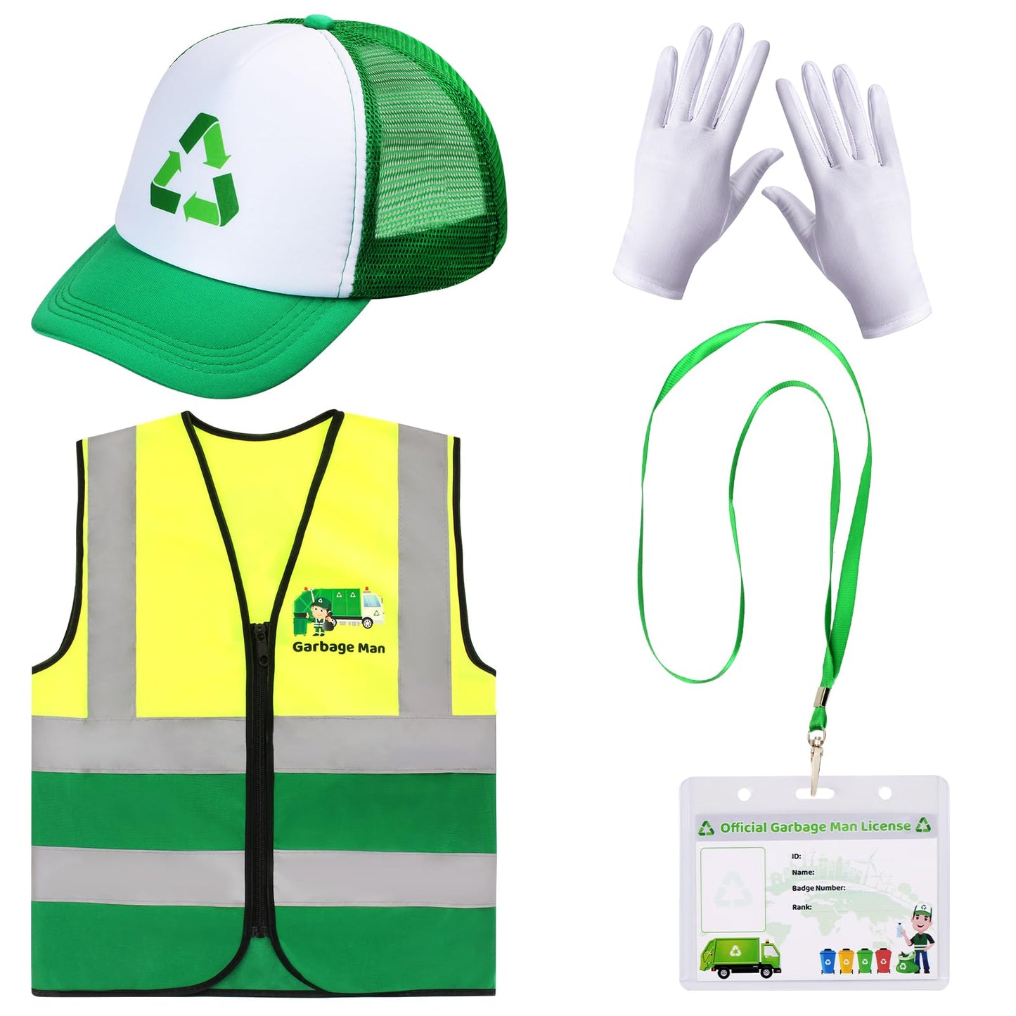 Yewong Kids Waste Management Garbage Truck Costume Accessories Recycle Trash Vest Tucker Hat Gloves ID Card for Career Day