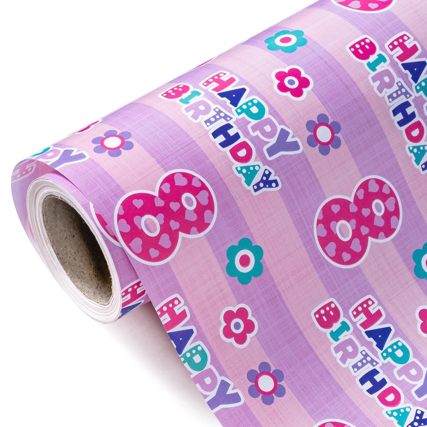 WRAPAHOLIC 8th Birthday Wrapping Paper - Mini Roll - 17 Inch x 33 Feet - Pink Happy Birthday with Floral Design for Birthday Party Holiday