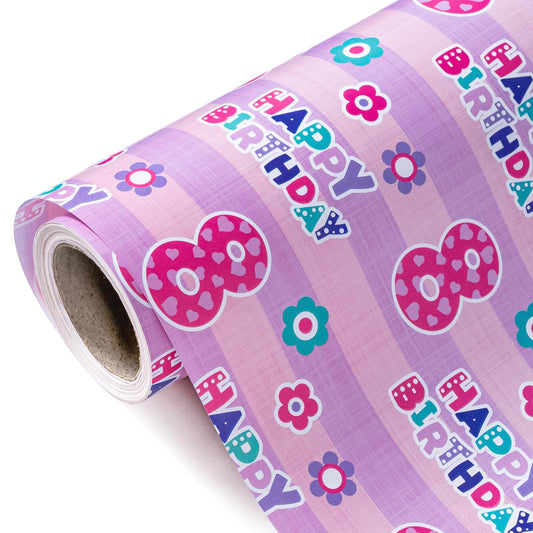 WRAPAHOLIC 8th Birthday Wrapping Paper - Mini Roll - 17 Inch x 33 Feet - Pink Happy Birthday with Floral Design for Birthday Party Holiday
