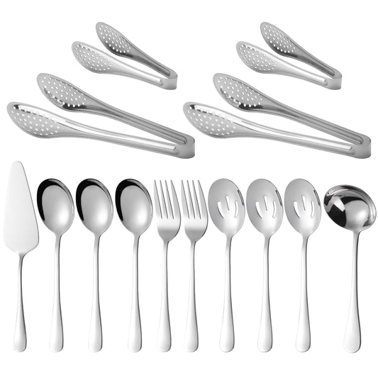 14 PCS Stainless Steel Serving Utensils Set-Serving SpoonsSlotted Spoons Serving Forks Serving TongsSoup Ladle Appetizer Tongs Pie Server for Buffet Catering Entertaining Banquet Party