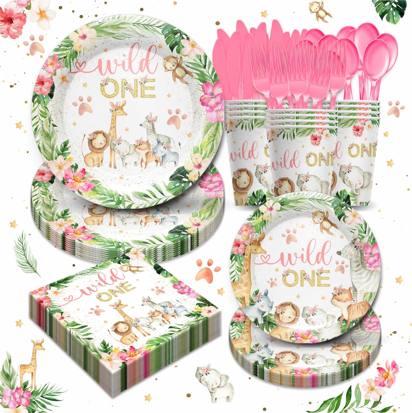 Piooluialy Wild One Birthday Party Supplies for Girls Tableware Set - Safari Birthday Decorations Include Plates Napkins Cups Cutlery Animal Jungle Theme Wild One Party Supplies | Serves 24