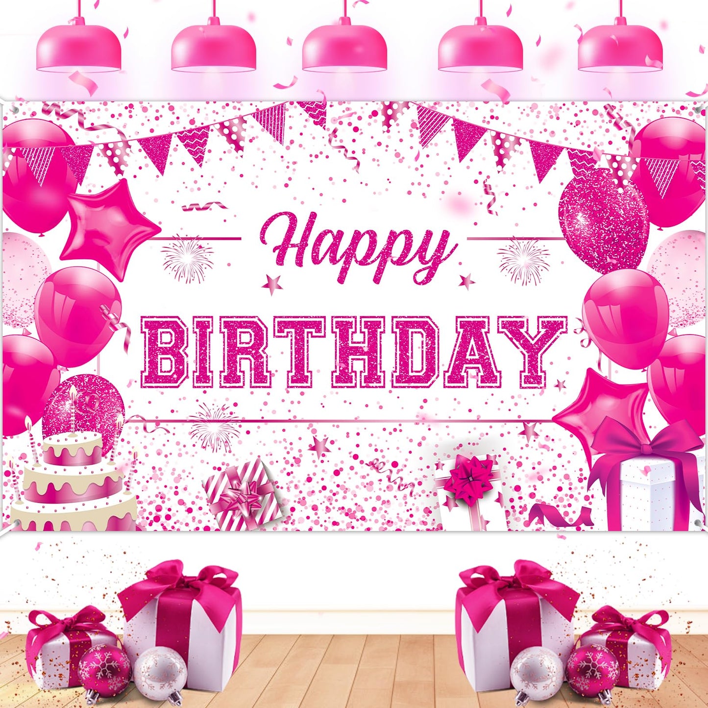 Hot Pink & White Happy Birthday Backdrop Banner – 70.9 x 43.3 Inch