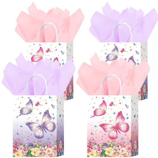 Butterfly & Flower Paper Gift Bags with Tissue Paper – 16 Pack