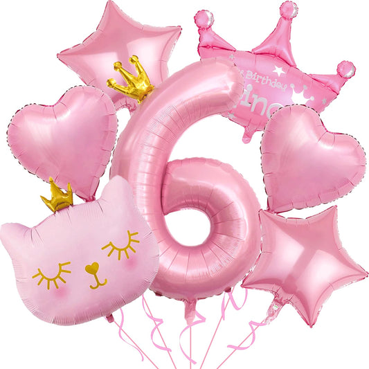 Cat Pink Number 6 Birthday Party Balloon Set