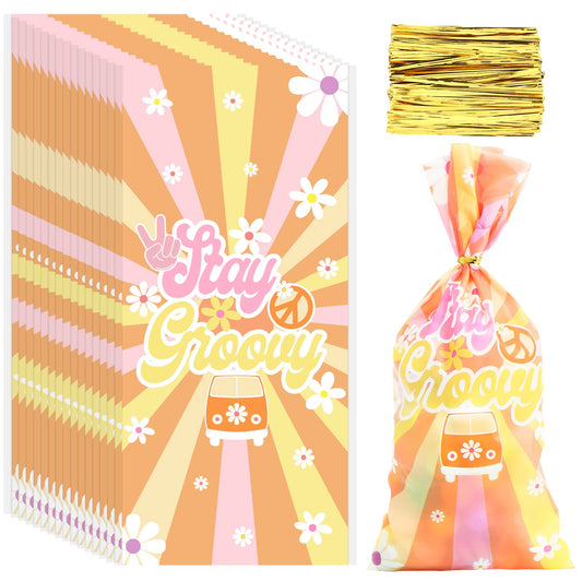 Groovy Boho Daisy Party Favour Bags with Twist Ties – 100 Pack