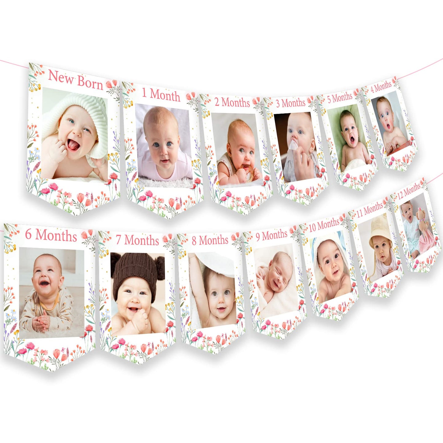 Fangleland Wildflower Theme 1st Birthday Photo Banner from Newborn to 12 Months for Girls Growth Record Monthly Milestone Picture Banner First Birthday Party Decorations for 1 Year Old Girl