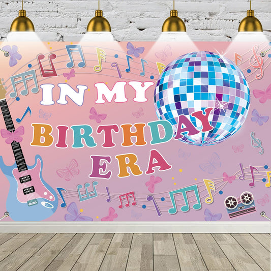 Music Theme Birthday Party Backdrop Photography Background in My Birthday Era Banner for Girl Birthday Party Baby Shower Cake Table Decorations Singer Happy Birthday Banner71x45 inch
