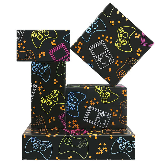 Neon Gaming Birthday Wrapping Paper – 4 Sheets