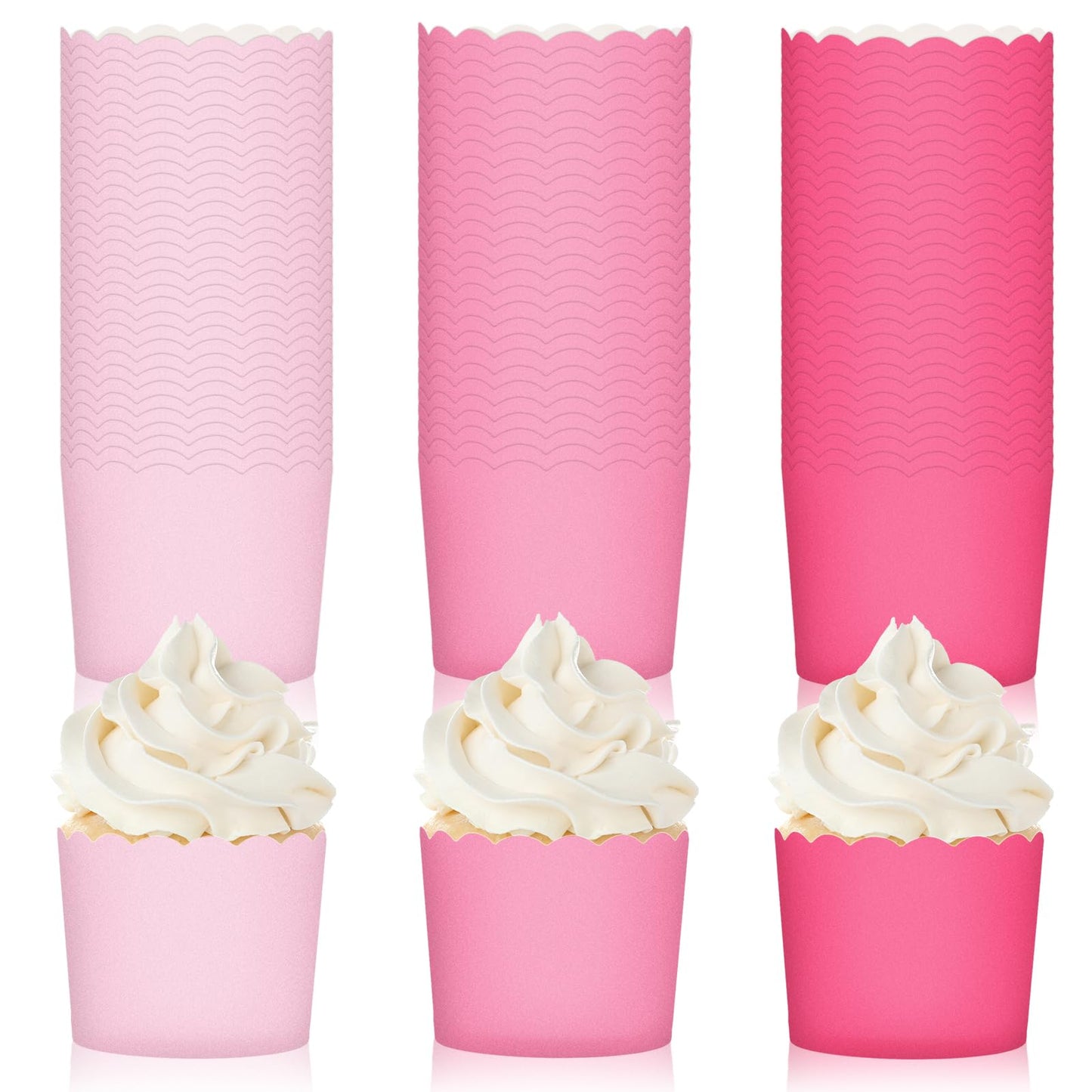 Whaline 120Pcs Valentines Day Pink Paper Baking Cups Scalloped Edge Cupcake Wrappers Gradient Pink Cupcake Muffin Cases for Wedding Birthday Baby Shower 3 Colors