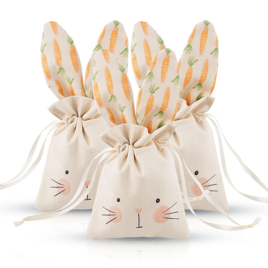 Bunny Linen Drawstring Gift Bags – 6 Pack, Easter Theme