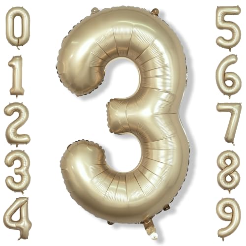 Large Light Gold 3 Balloons 40 Inch Metallic Champagne Gold Helium Mylar Foil Globos Numero for Boys Girls Self Inflating 3rd Birthday Balloon for Women Men Anniversary Party Decorations Supplies
